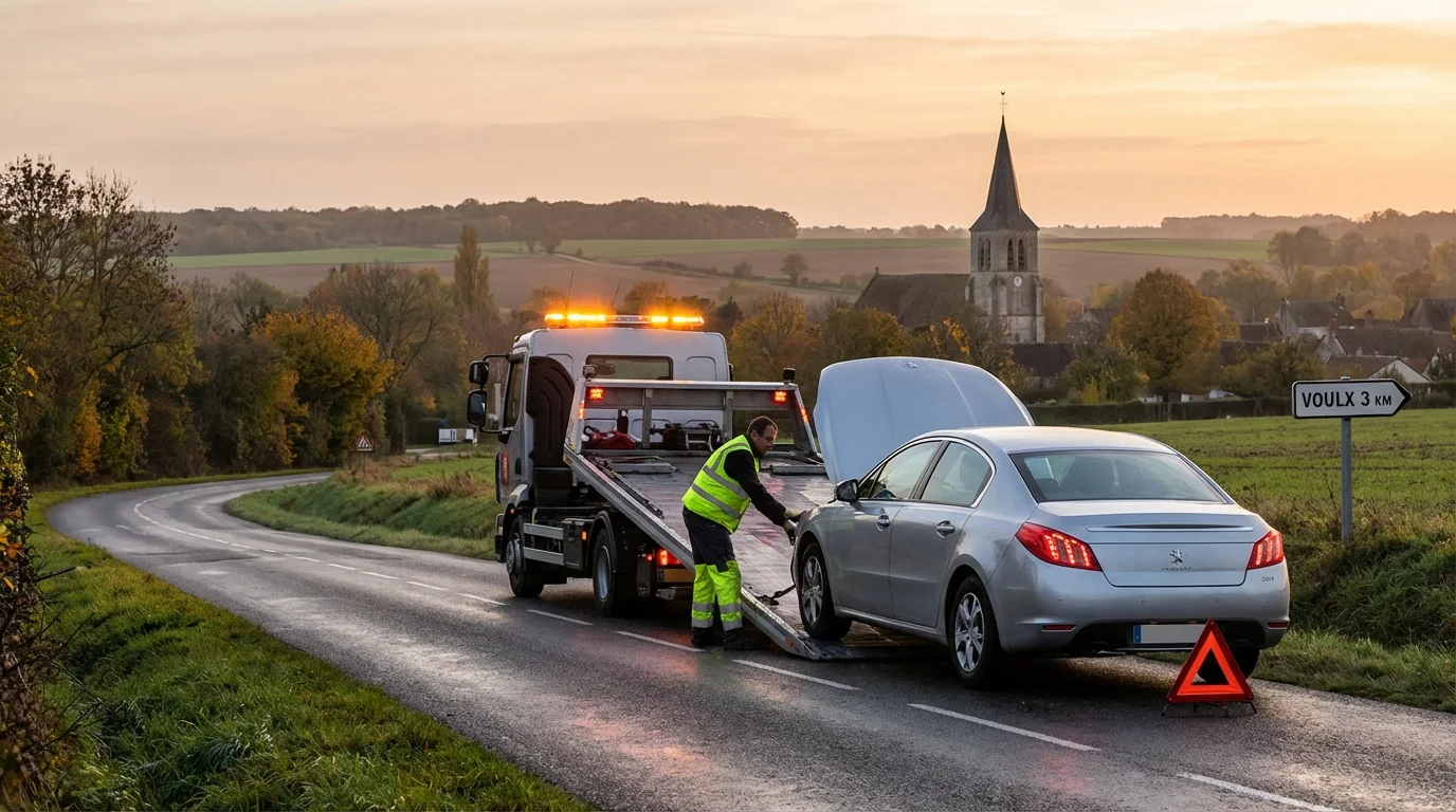 Camion de dépannage Fast Depann intervenant sur une voiture en panne à Voulx 77940
