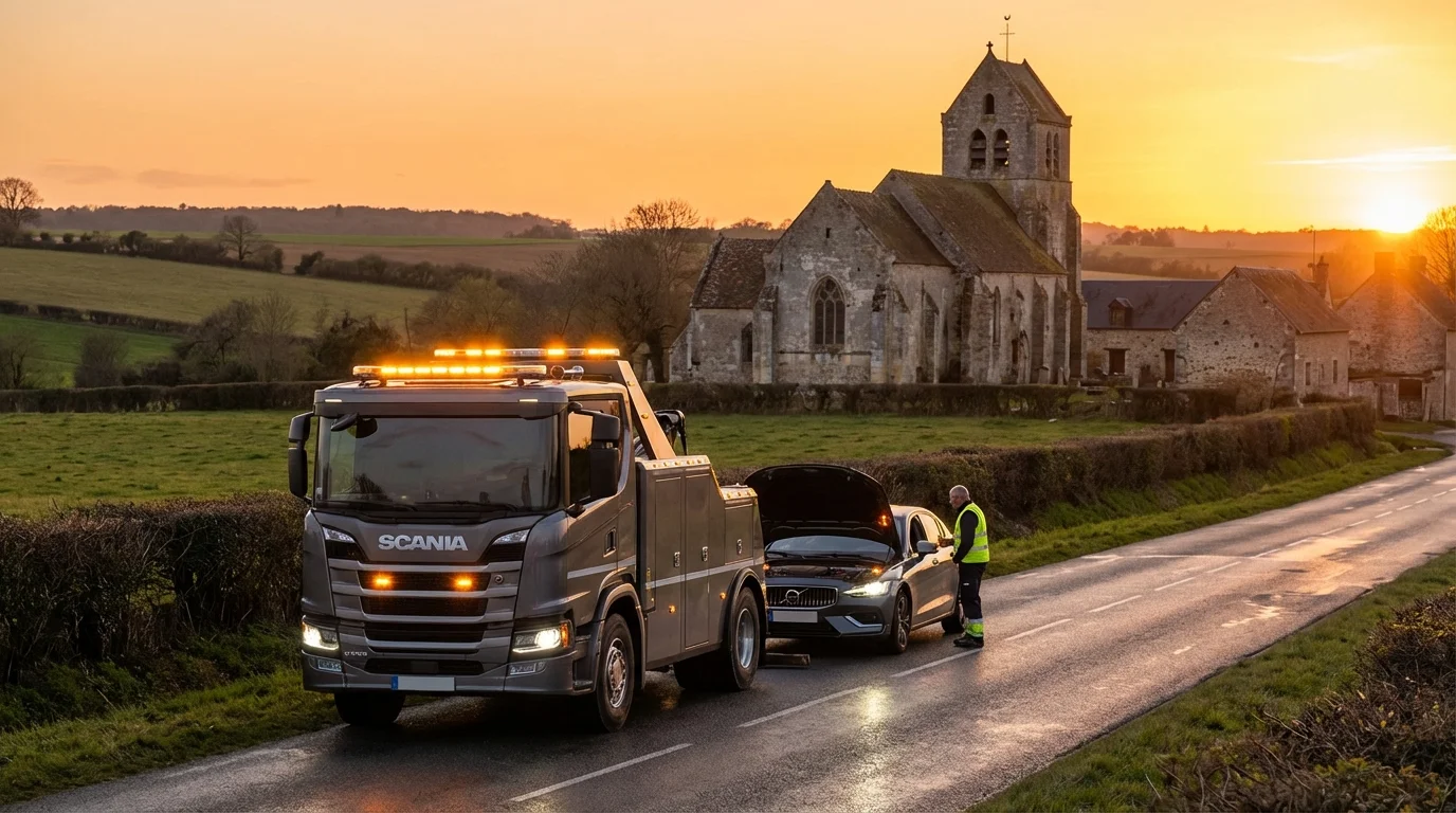 Camion de dépannage Fast Depann en intervention à Yebles 77390 devant un véhicule en panne