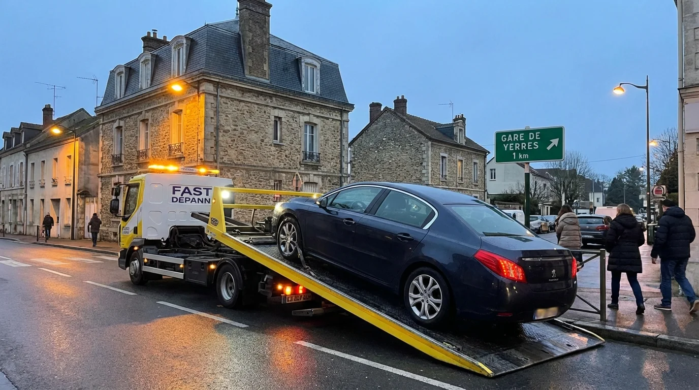 Intervention de dépannage auto par Fast Depann dans une rue de Yerres au crépuscule, chargeant un véhicule en panne.